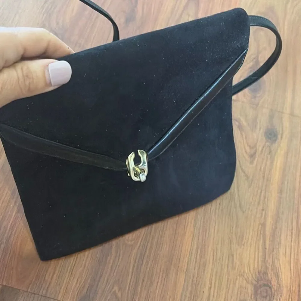 Black suede vintage handbag shoulder bag with gold hardware